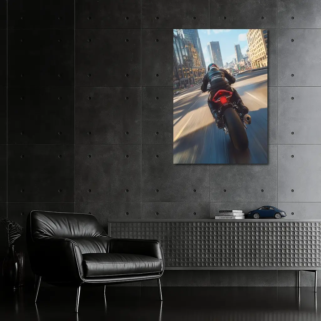 Sport Bike Rider Racing Through City Streets – Wall Art