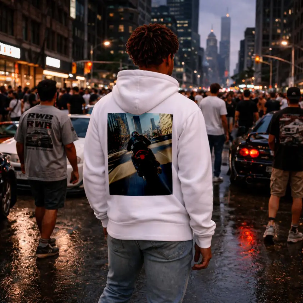 Sport Bike Rider Racing Through City Streets – Hoodies