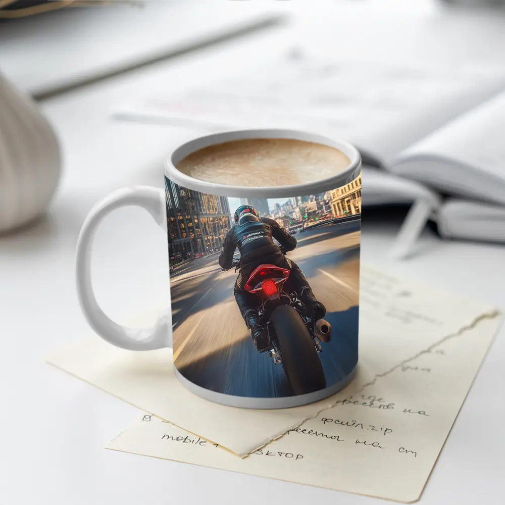 Sport Bike Rider Racing Through City Streets – Mugs