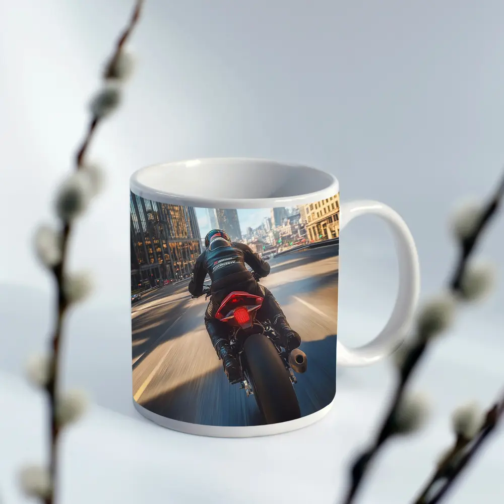 Sport Bike Rider Racing Through City Streets – Mugs