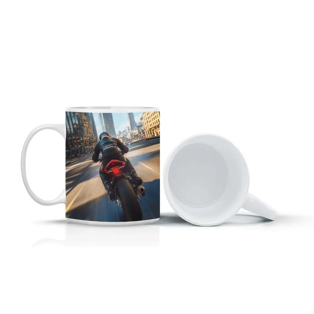Sport Bike Rider Racing Through City Streets – Mugs