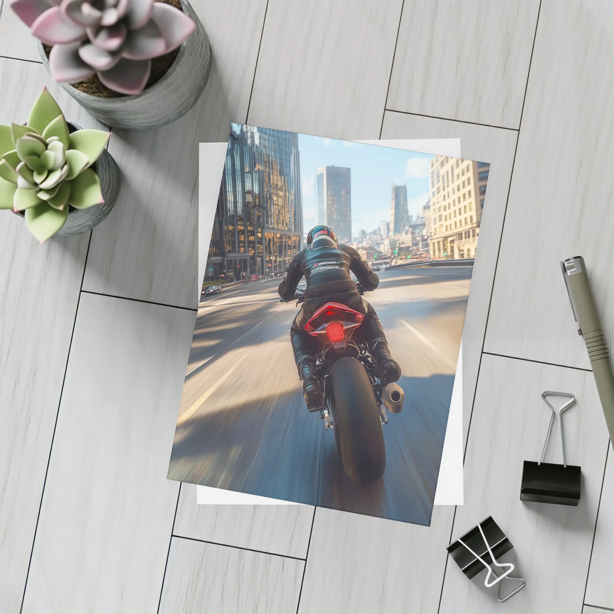 Sport Bike Rider Racing Through City Streets – Postcards