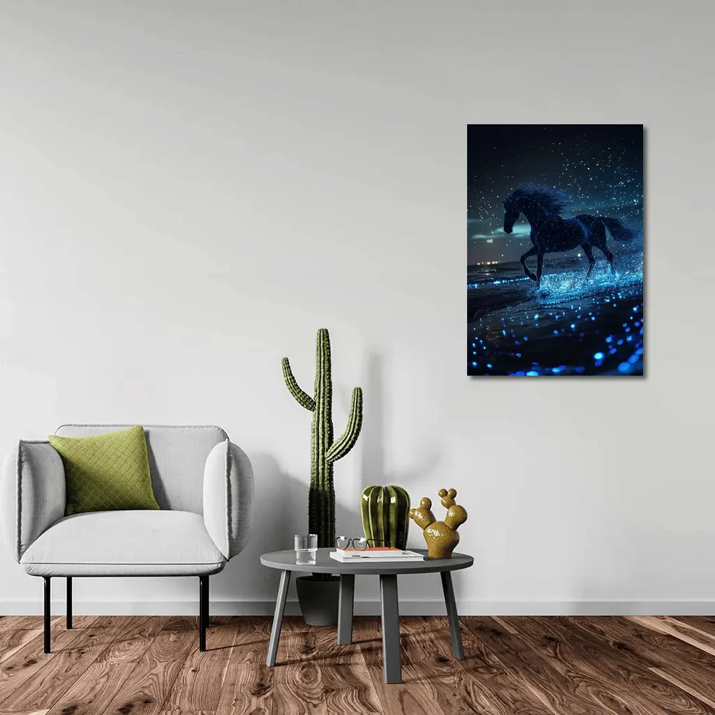Black Horse Running on Glowing Blue Beach – Wall Art