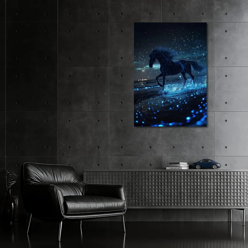Black Horse Running on Glowing Blue Beach – Wall Art