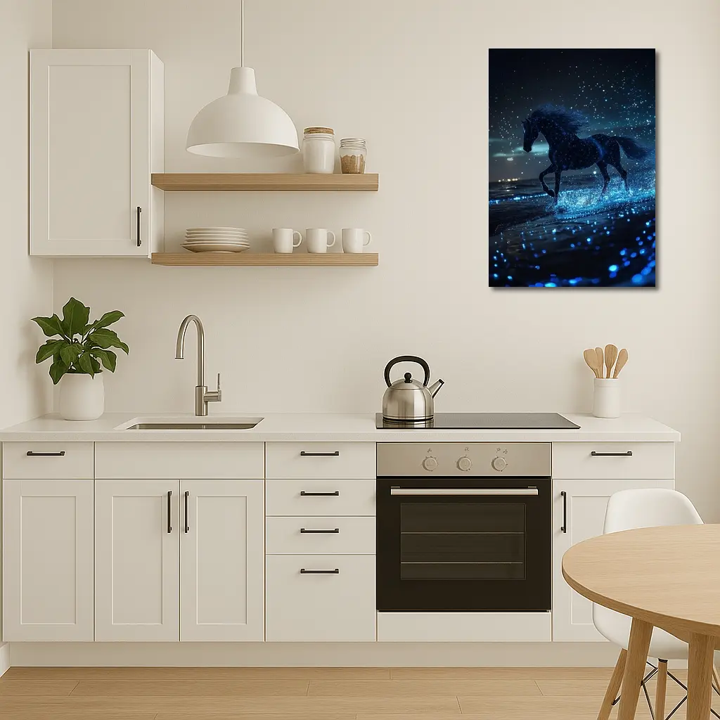 Black Horse Running on Glowing Blue Beach – Wall Art