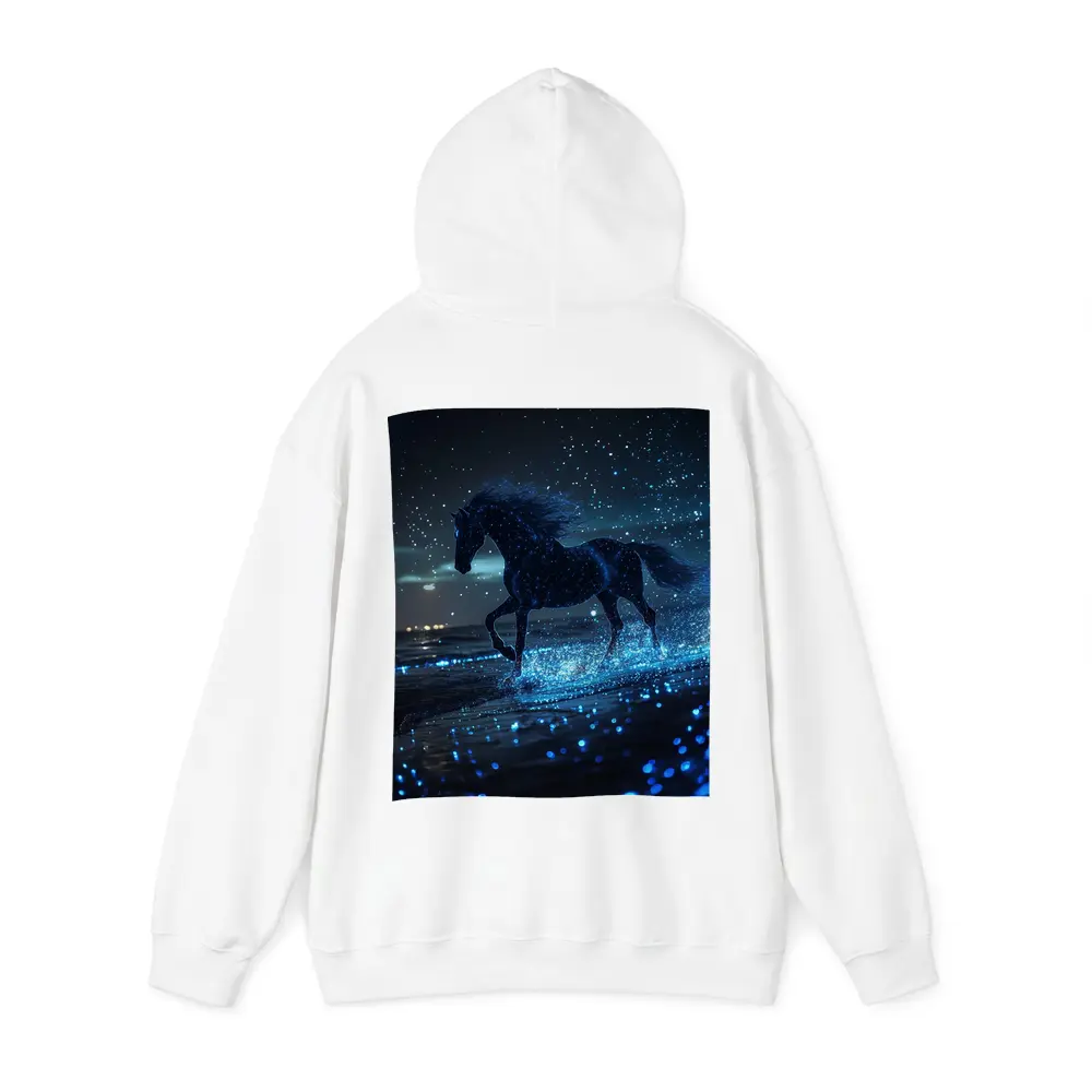 Black Horse Running on Glowing Blue Beach – Hoodies