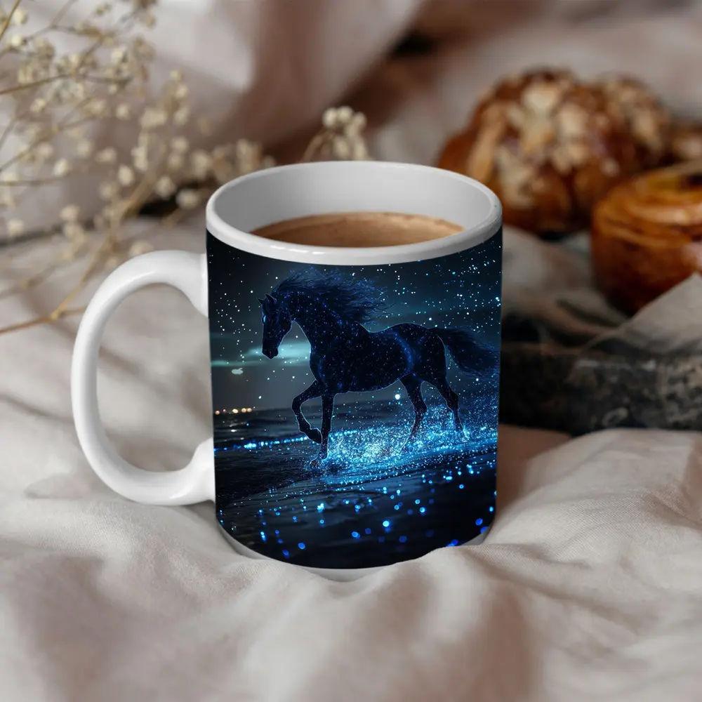 Black Horse Running on Glowing Blue Beach – Mugs