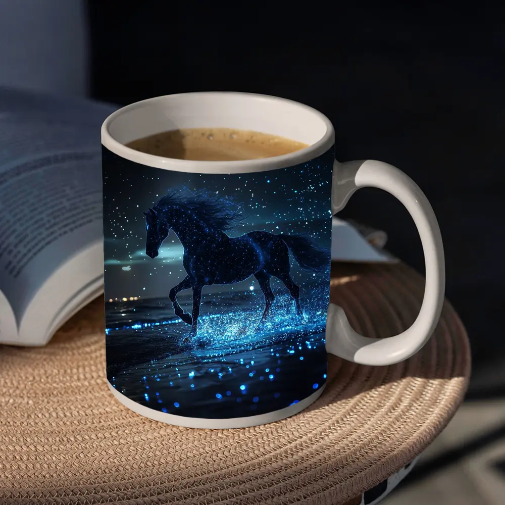 Black Horse Running on Glowing Blue Beach – Mugs