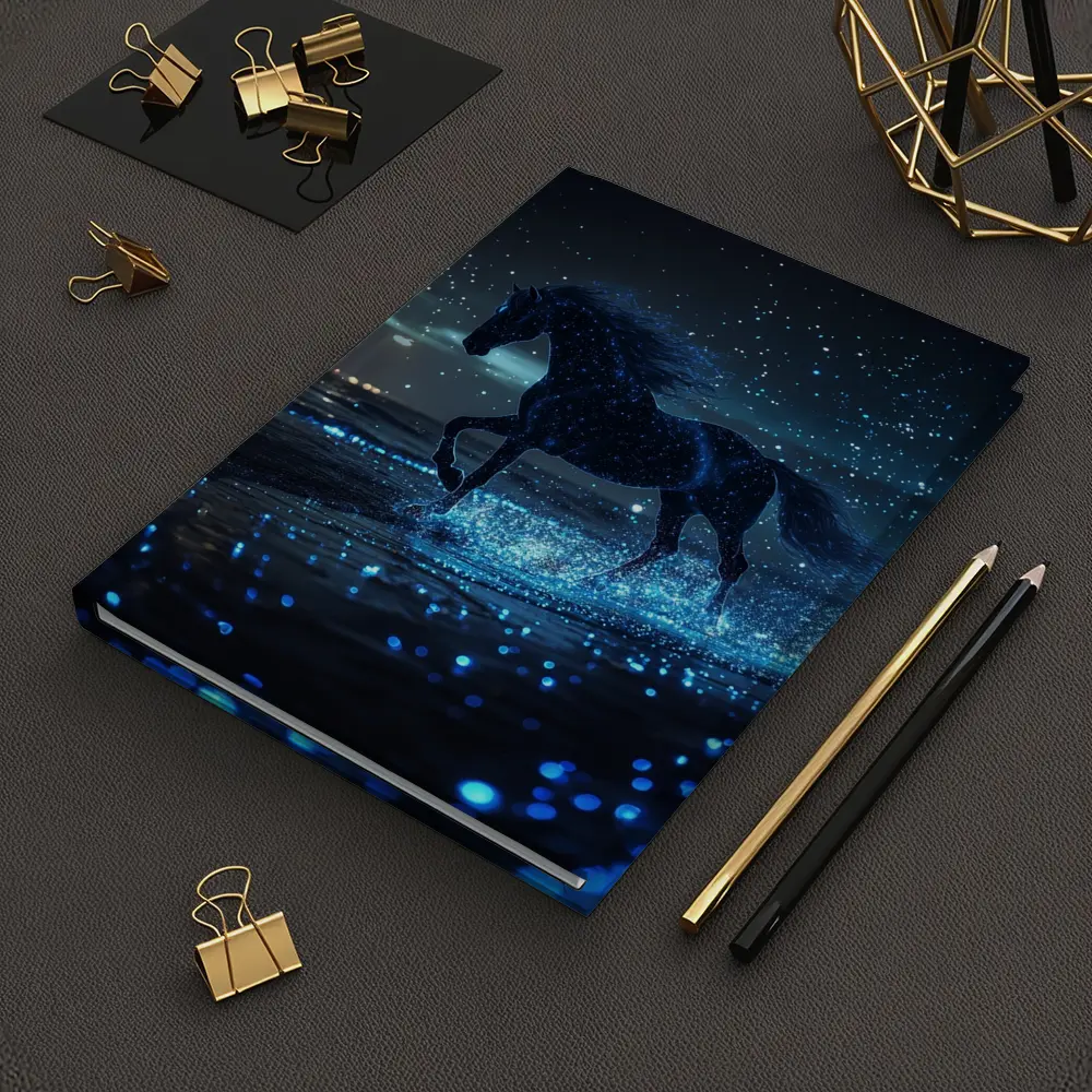 Black Horse Running on Glowing Blue Beach – Notebooks