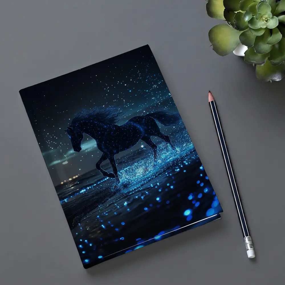Black Horse Running on Glowing Blue Beach – Notebooks