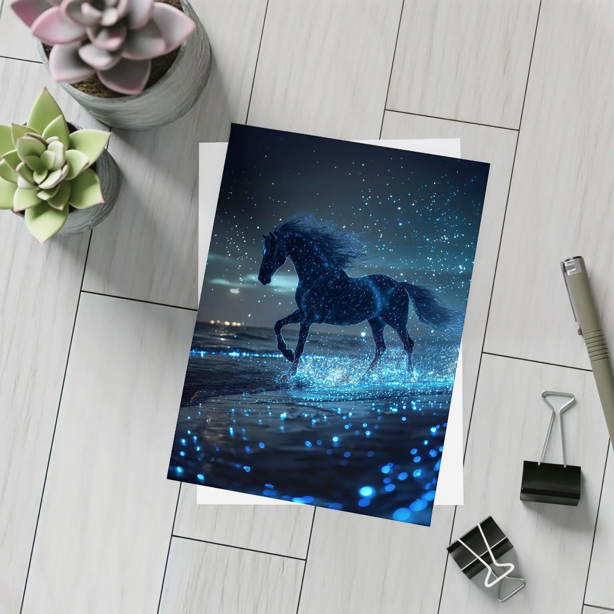 Black Horse Running on Glowing Blue Beach – Postcards