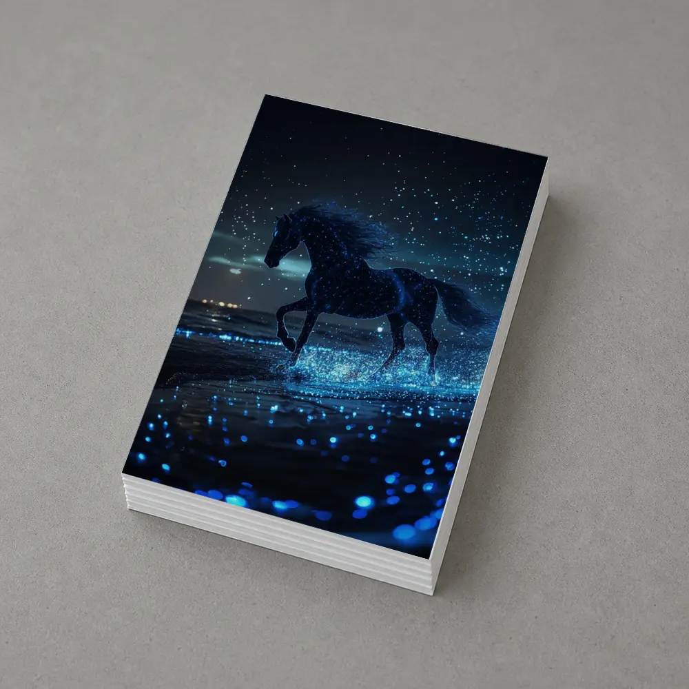 Black Horse Running on Glowing Blue Beach – Postcards