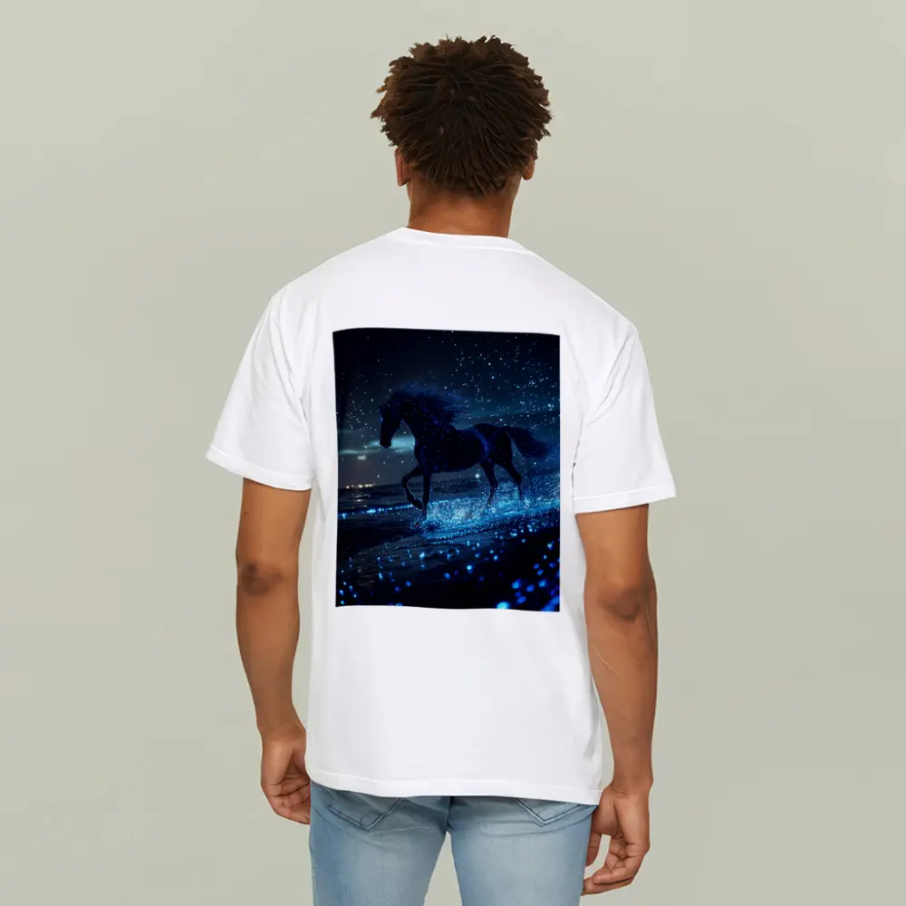 Black Horse Running on Glowing Blue Beach – T-Shirts