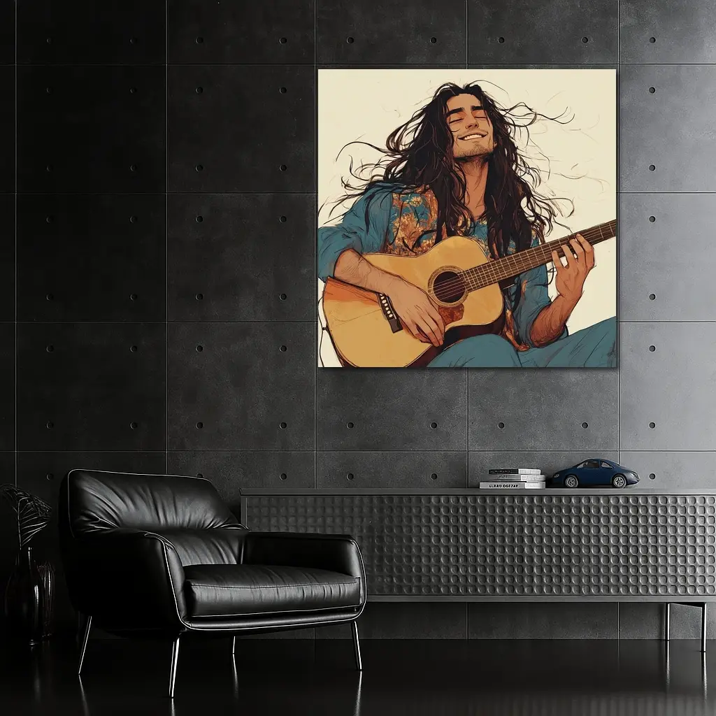 Long Hair Guitarist Playing Acoustic Guitar Art – Wall Art