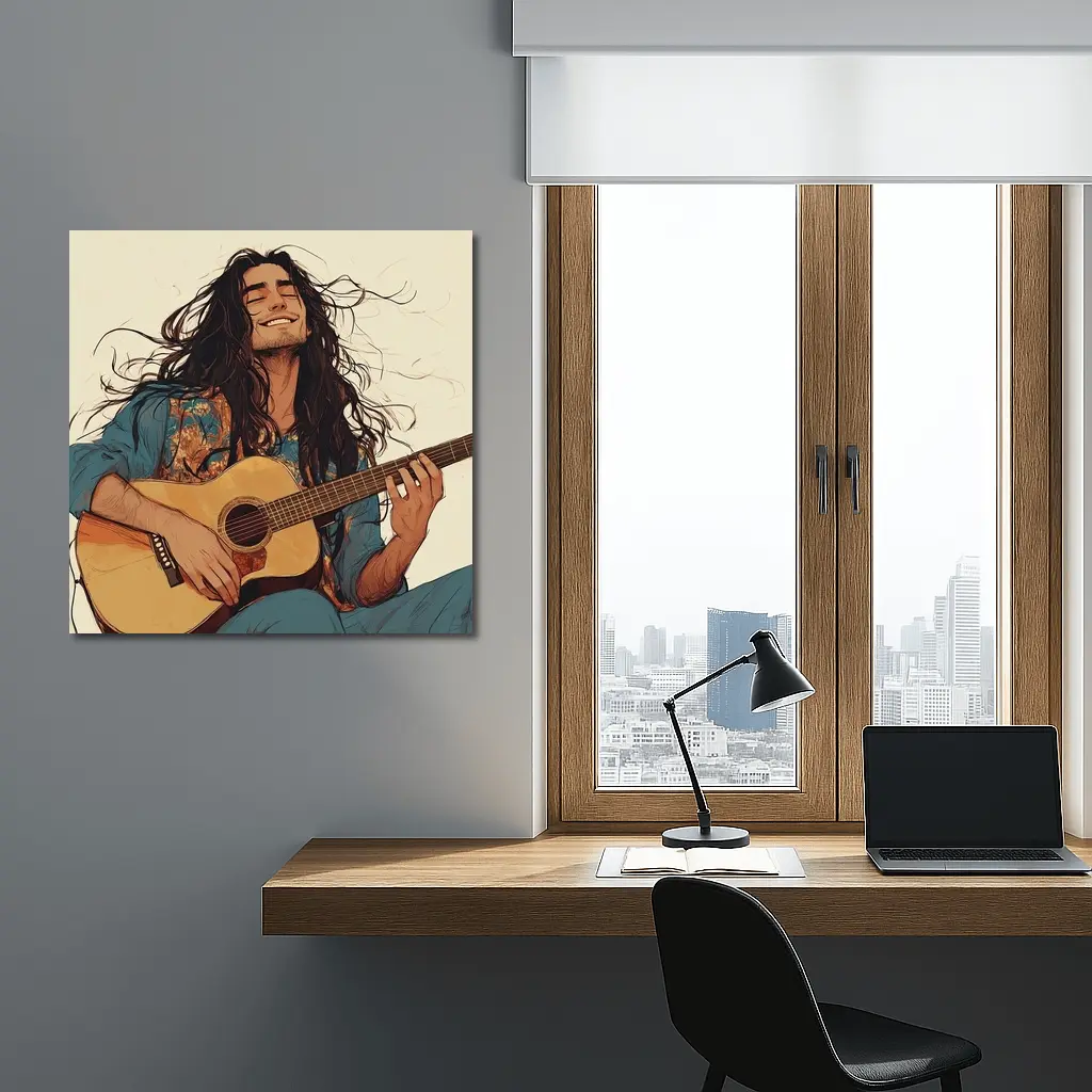 Long Hair Guitarist Playing Acoustic Guitar Art – Wall Art