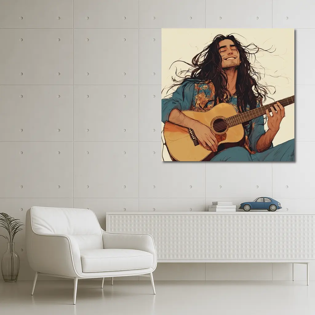 Long Hair Guitarist Playing Acoustic Guitar Art – Wall Art