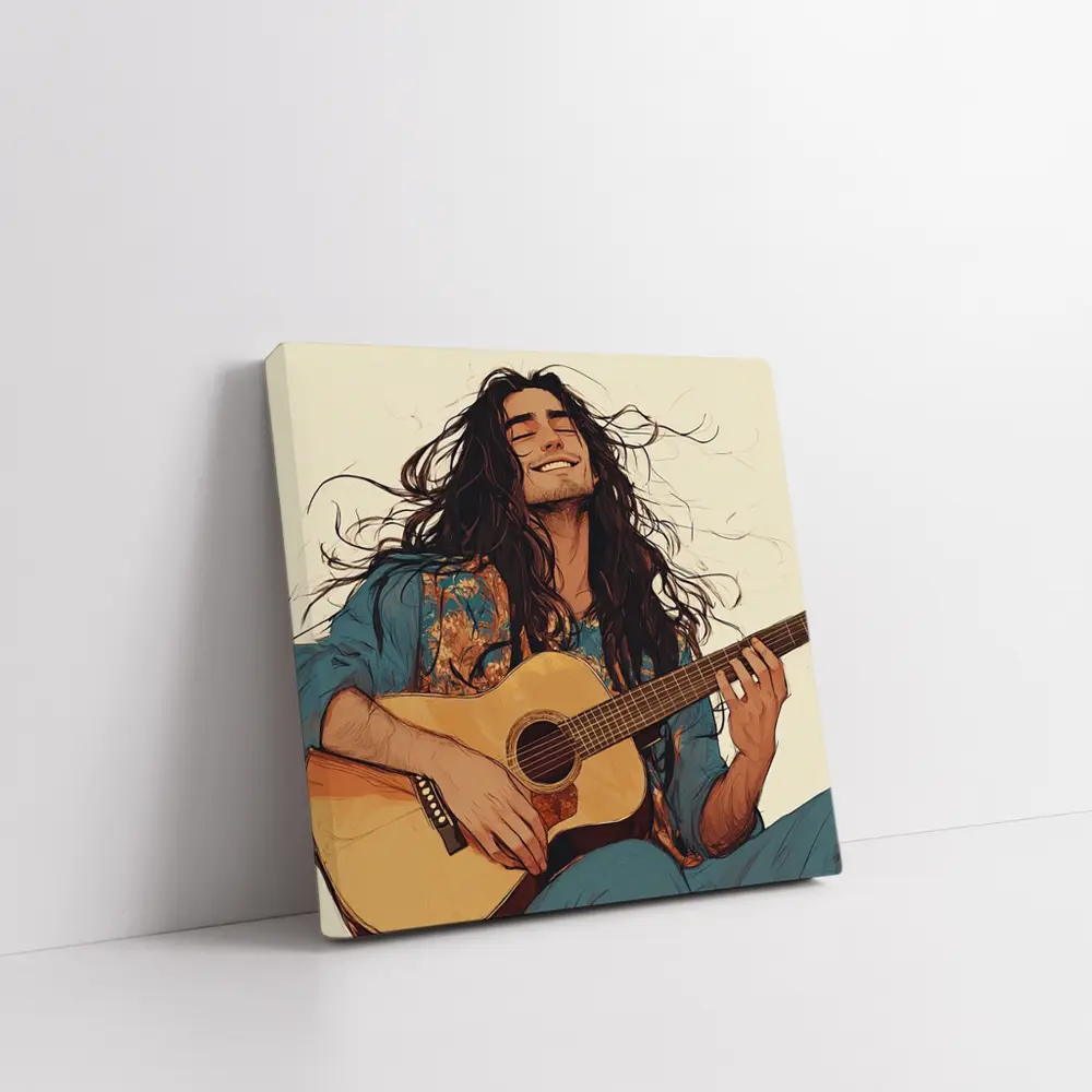 Long Hair Guitarist Playing Acoustic Guitar Art – Wall Art
