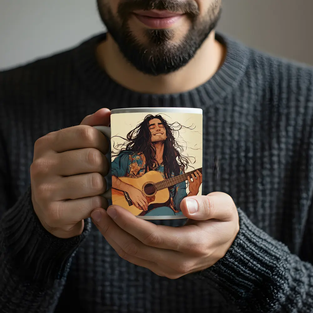 Long Hair Guitarist Playing Acoustic Guitar Art – Mugs