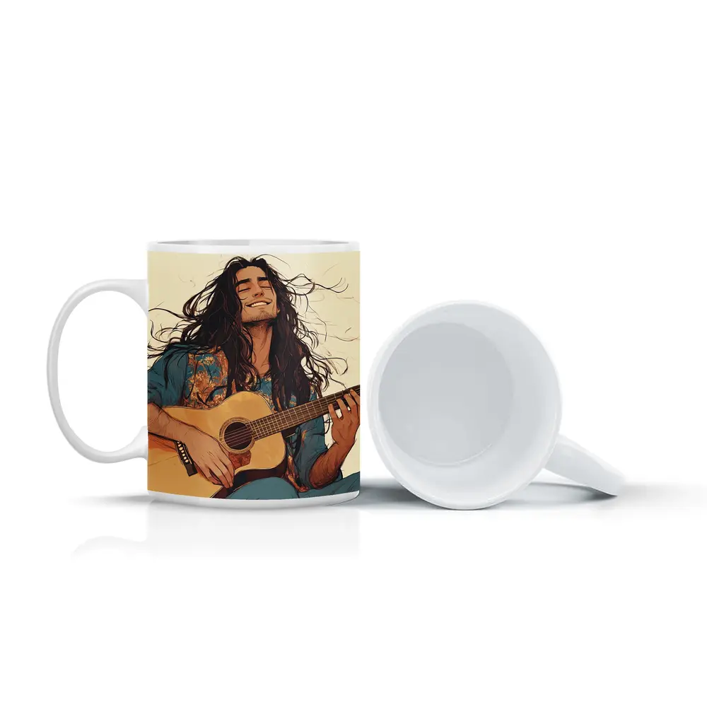 Long Hair Guitarist Playing Acoustic Guitar Art – Mugs
