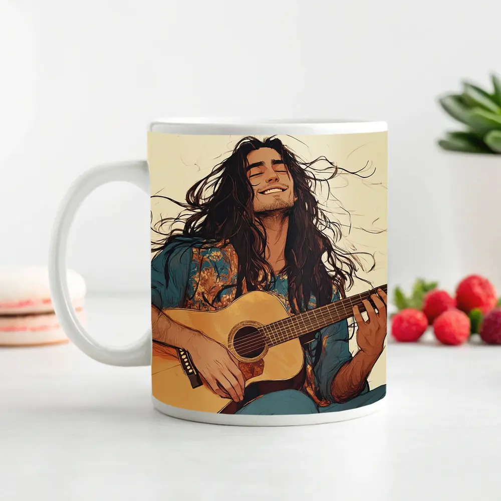 Long Hair Guitarist Playing Acoustic Guitar Art – Mugs