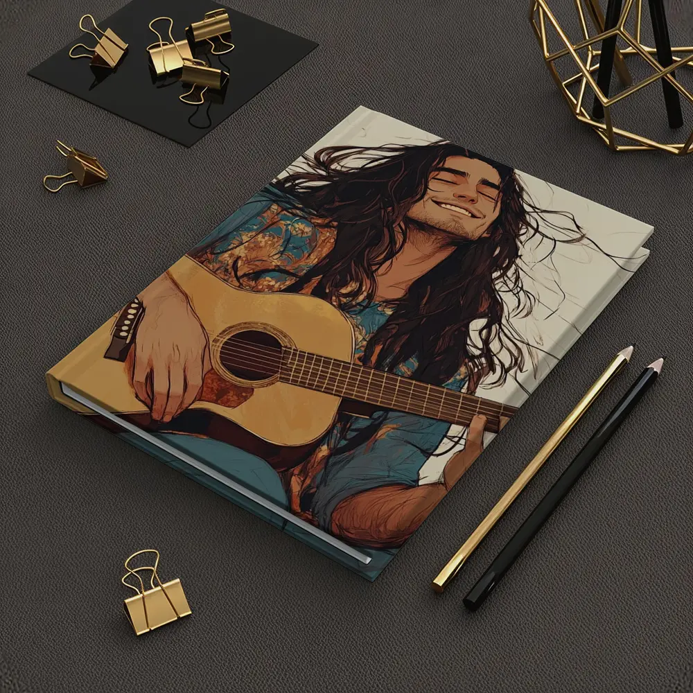 Long Hair Guitarist Playing Acoustic Guitar Art – Notebooks