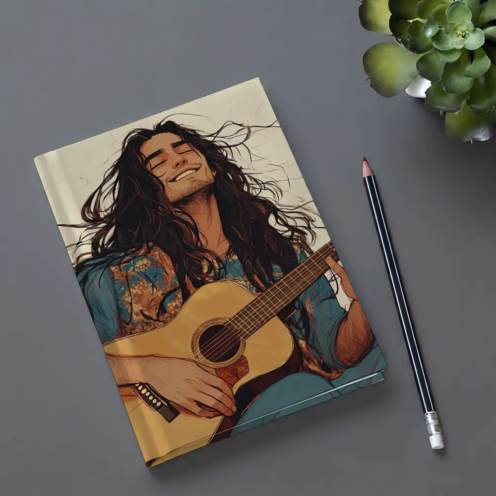 Long Hair Guitarist Playing Acoustic Guitar Art – Notebooks