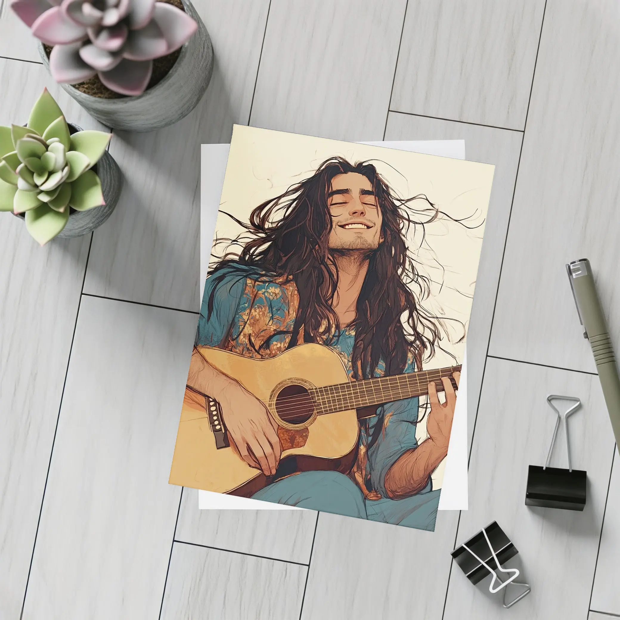 Long Hair Guitarist Playing Acoustic Guitar Art – Postcards