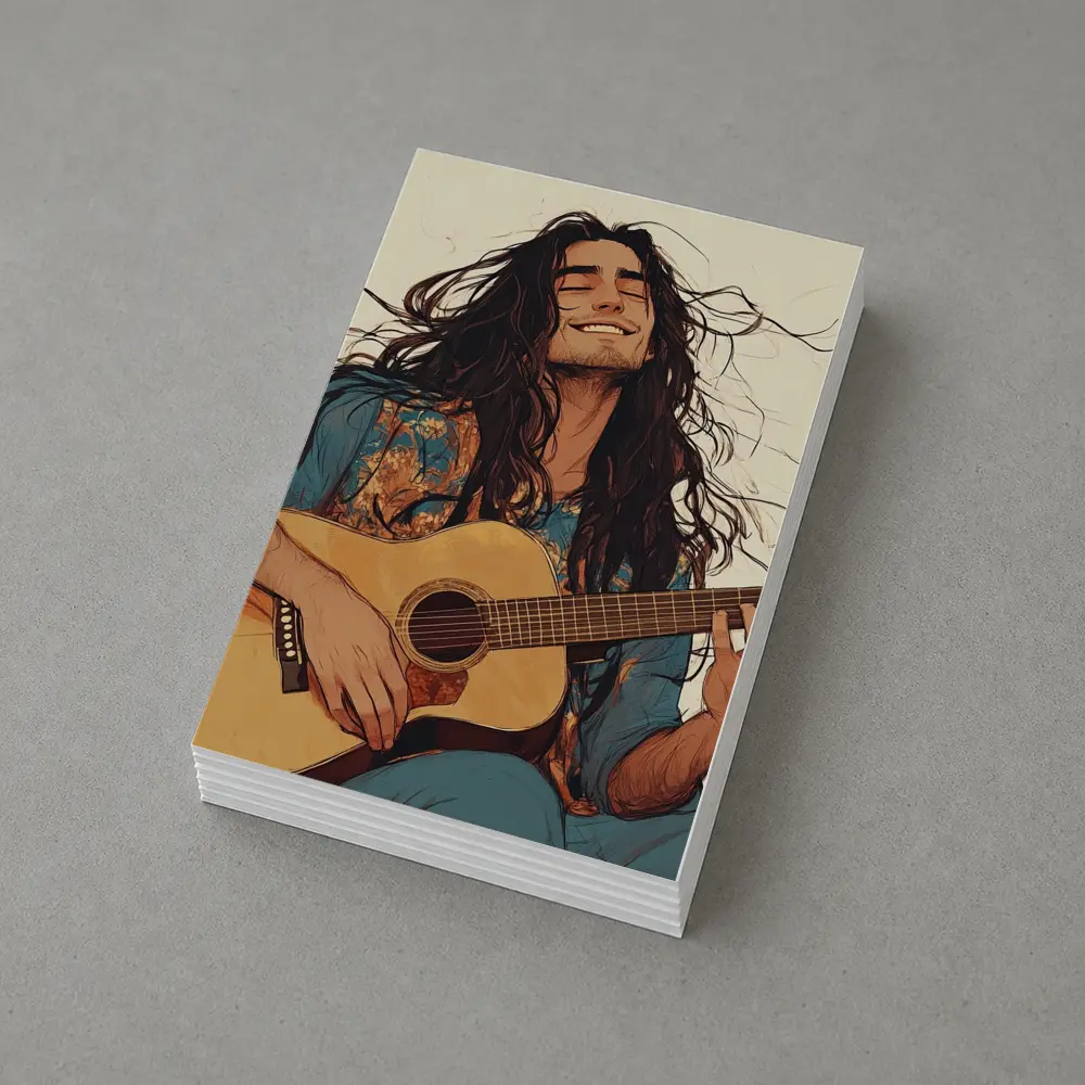 Long Hair Guitarist Playing Acoustic Guitar Art – Postcards