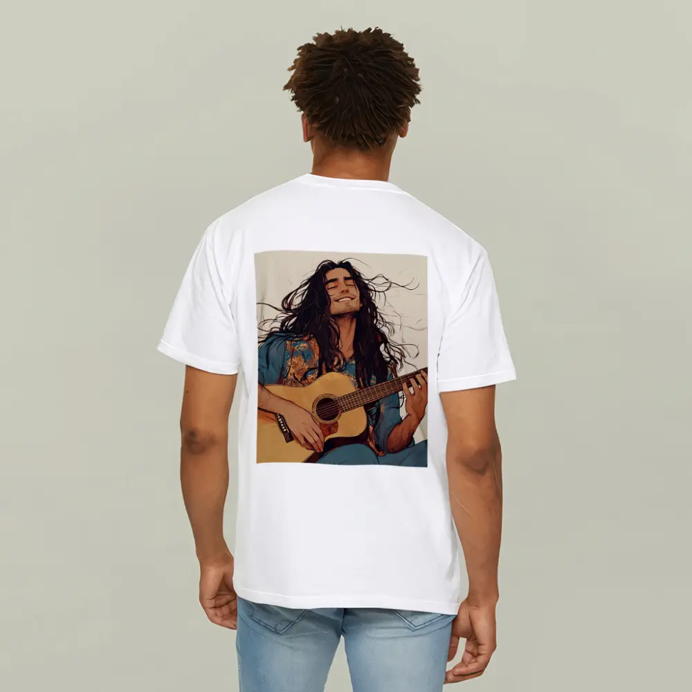 Long Hair Guitarist Playing Acoustic Guitar Art – T-Shirts