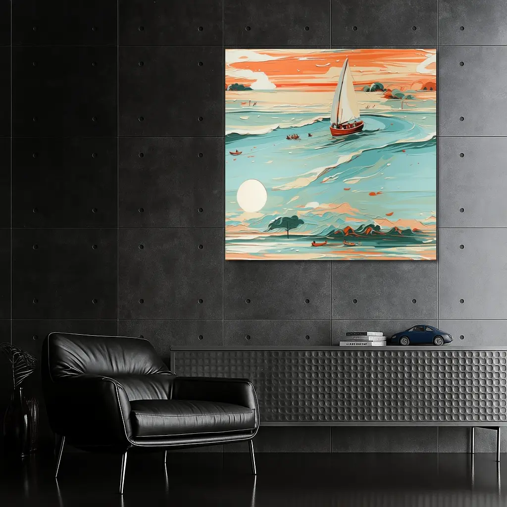 Sailboat On Teal Ocean Sunset Art – Wall Art