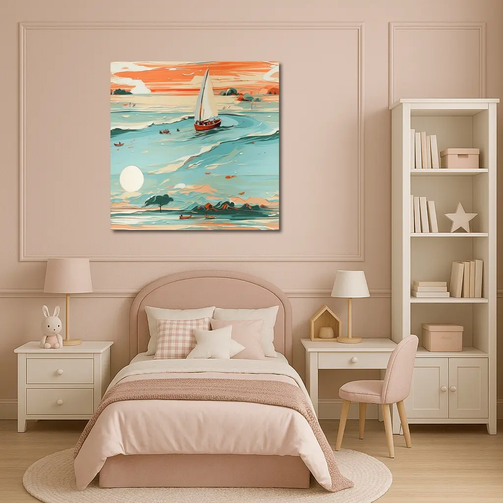 Sailboat On Teal Ocean Sunset Art – Wall Art