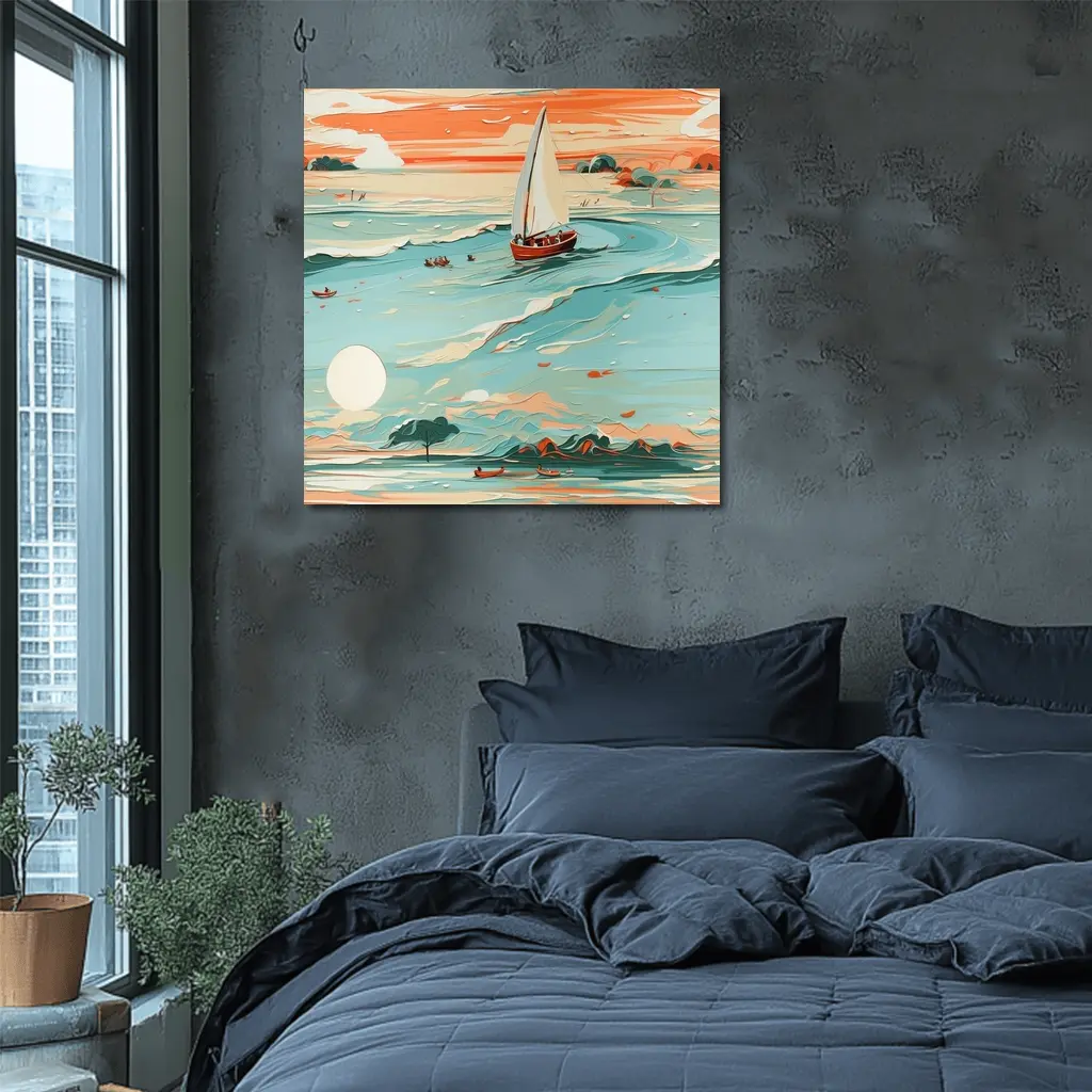 Sailboat On Teal Ocean Sunset Art – Wall Art