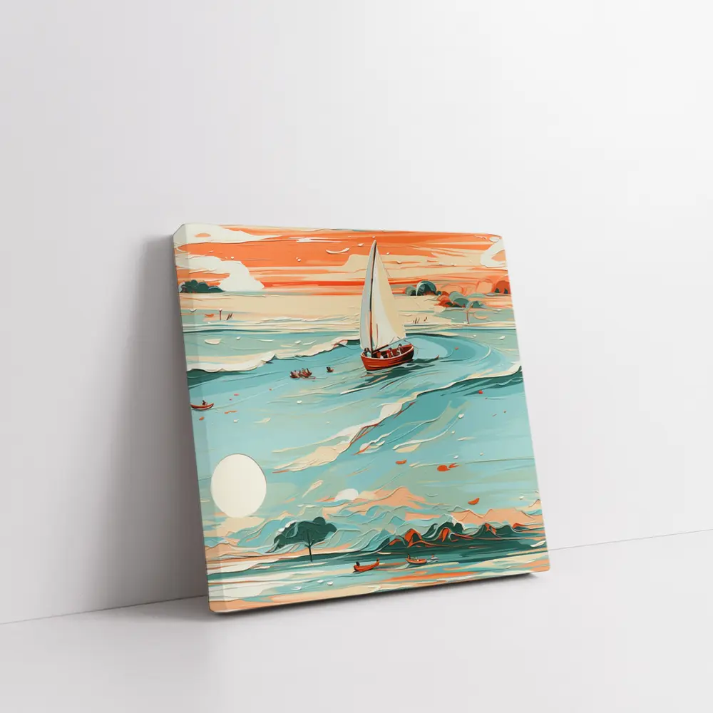 Sailboat On Teal Ocean Sunset Art – Wall Art