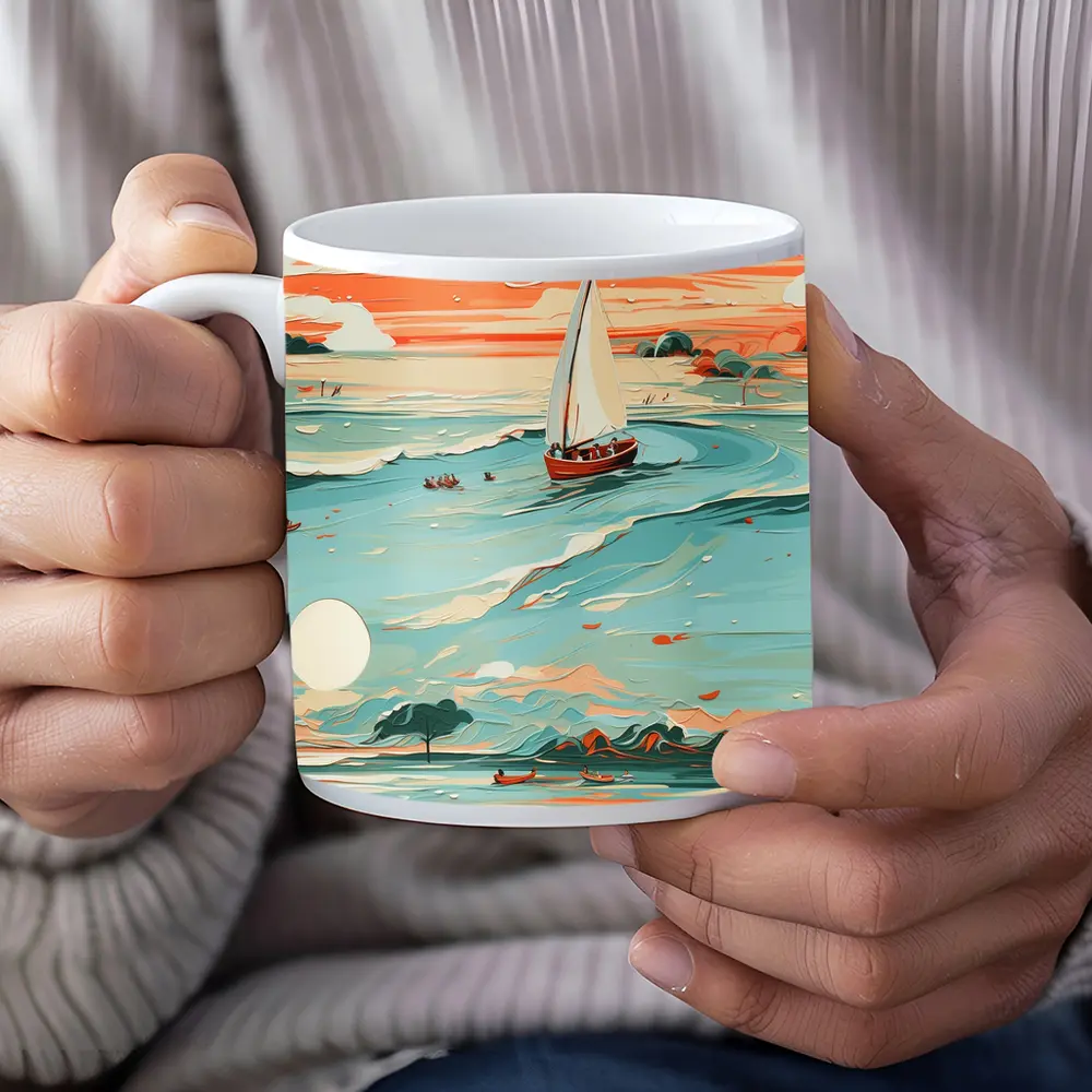 Sailboat On Teal Ocean Sunset Art – Mugs