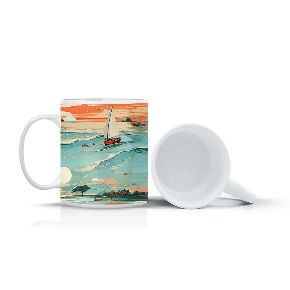 Sailboat On Teal Ocean Sunset Art – Mugs