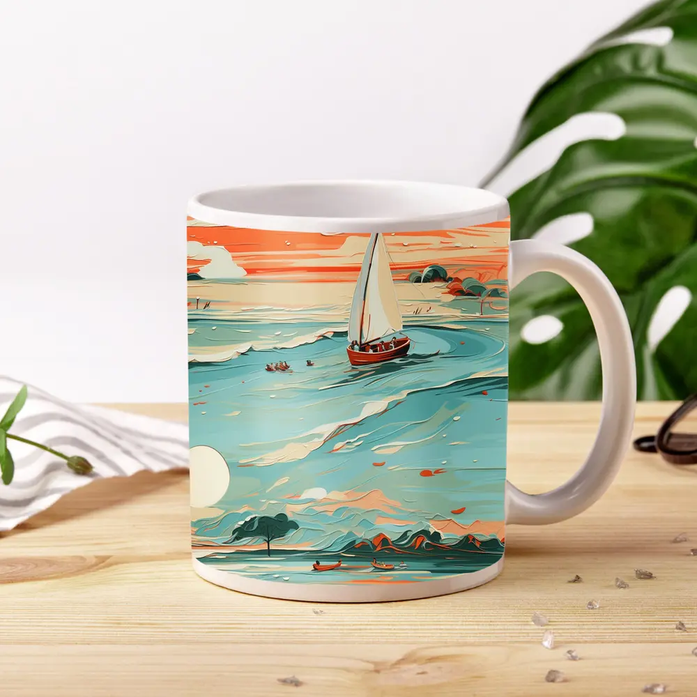 Sailboat On Teal Ocean Sunset Art – Mugs