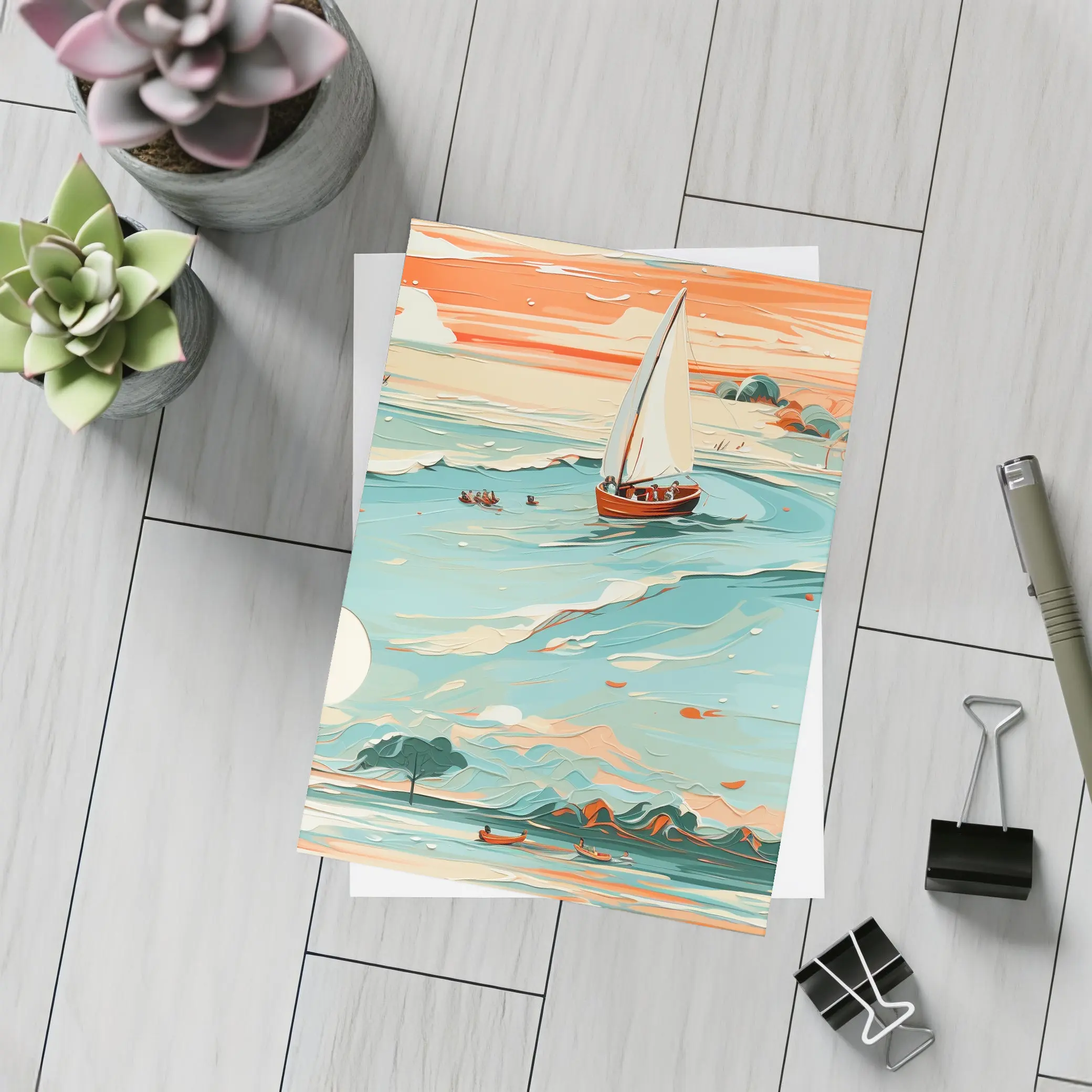 Sailboat On Teal Ocean Sunset Art – Postcards