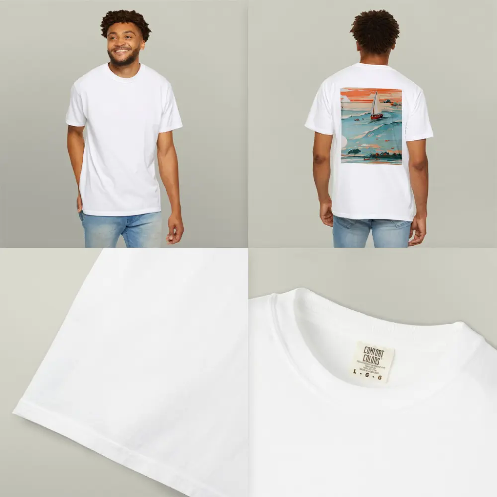 Sailboat On Teal Ocean Sunset Art – T-Shirts