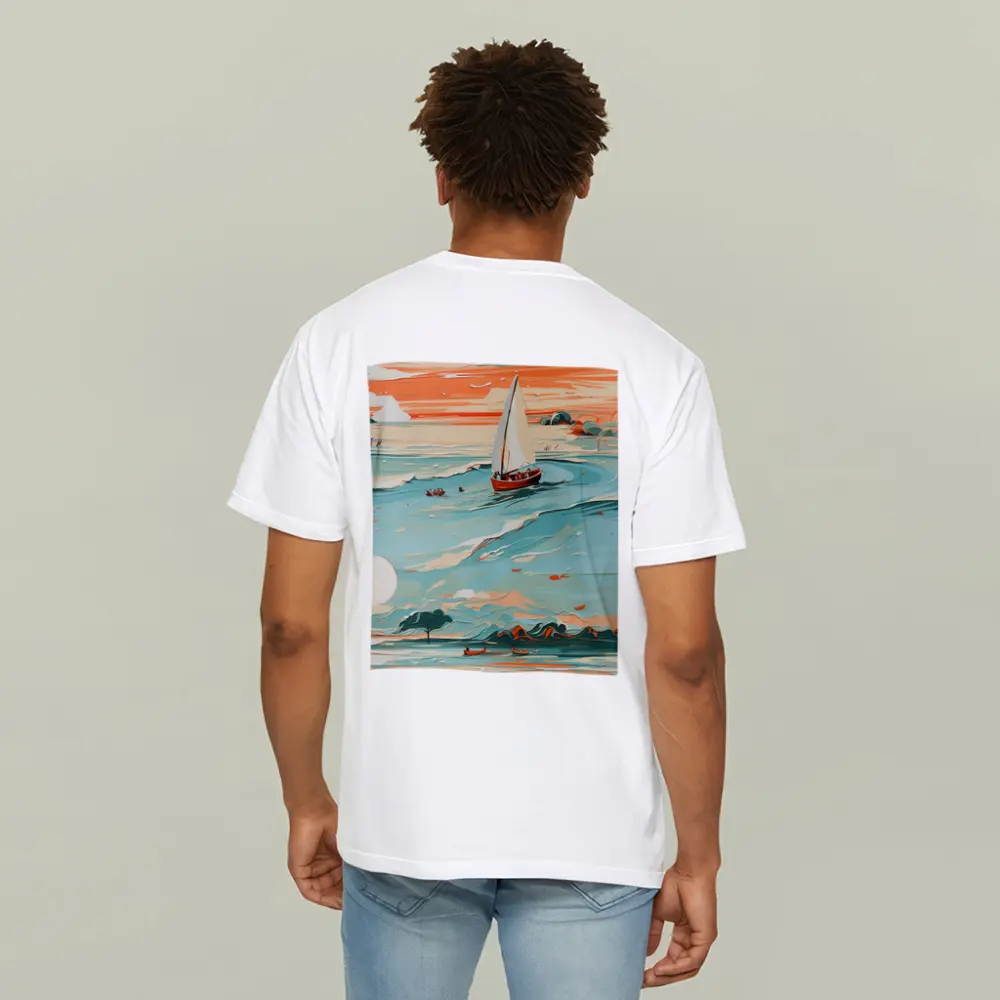 Sailboat On Teal Ocean Sunset Art – T-Shirts