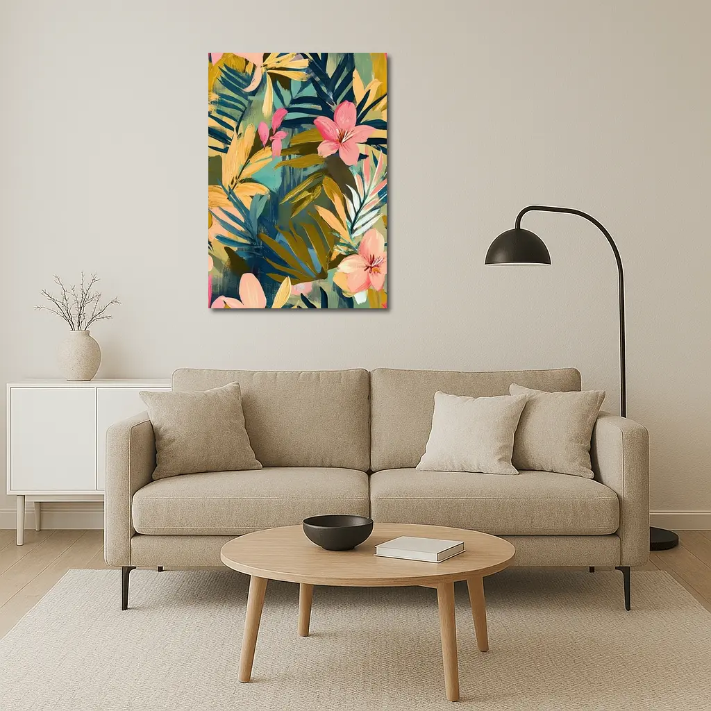 Tropical Flowers and Palm Leaves Painting – Wall Art
