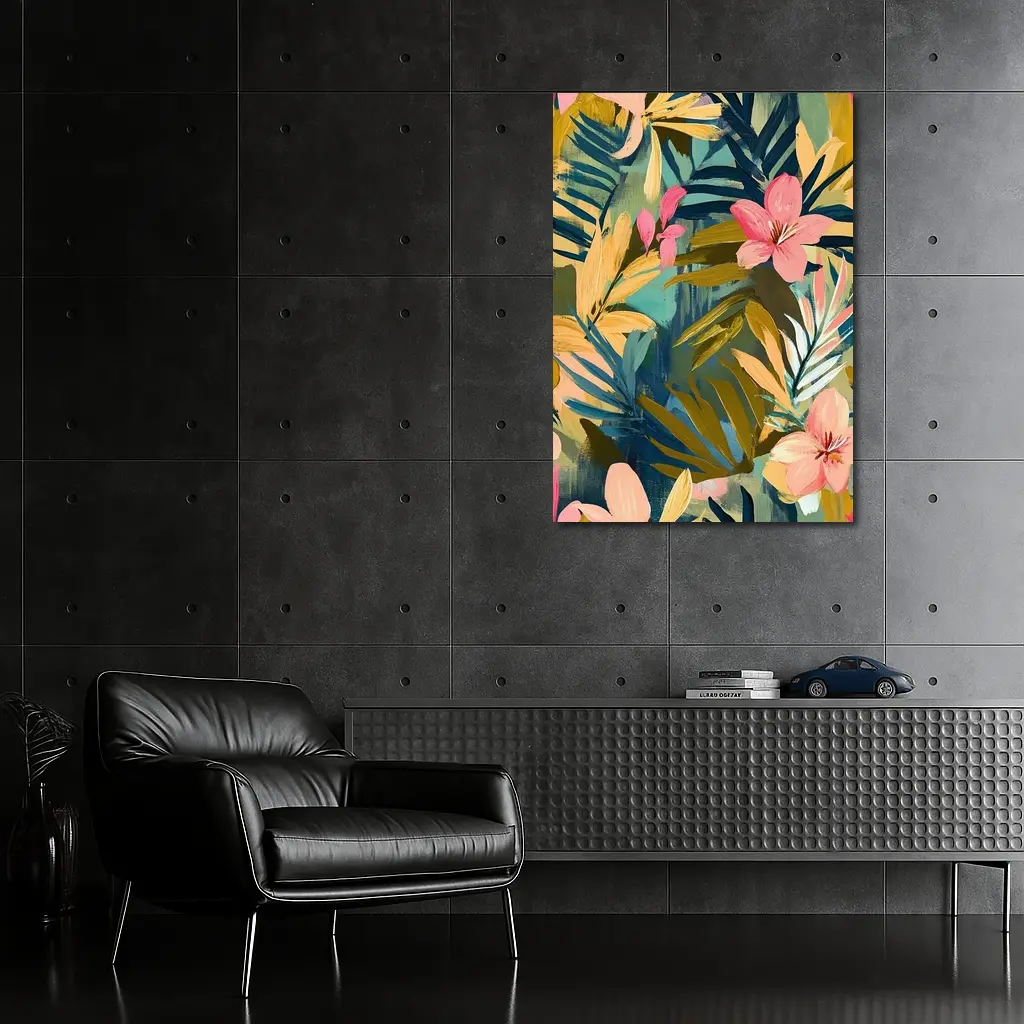 Tropical Flowers and Palm Leaves Painting – Wall Art