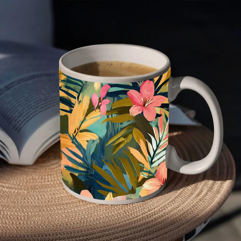 Tropical Flowers and Palm Leaves Painting – Mugs