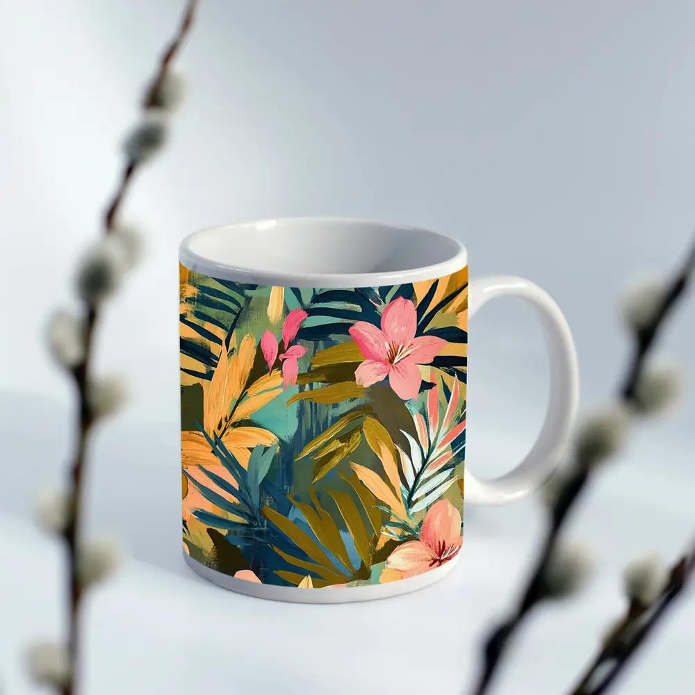 Tropical Flowers and Palm Leaves Painting – Mugs