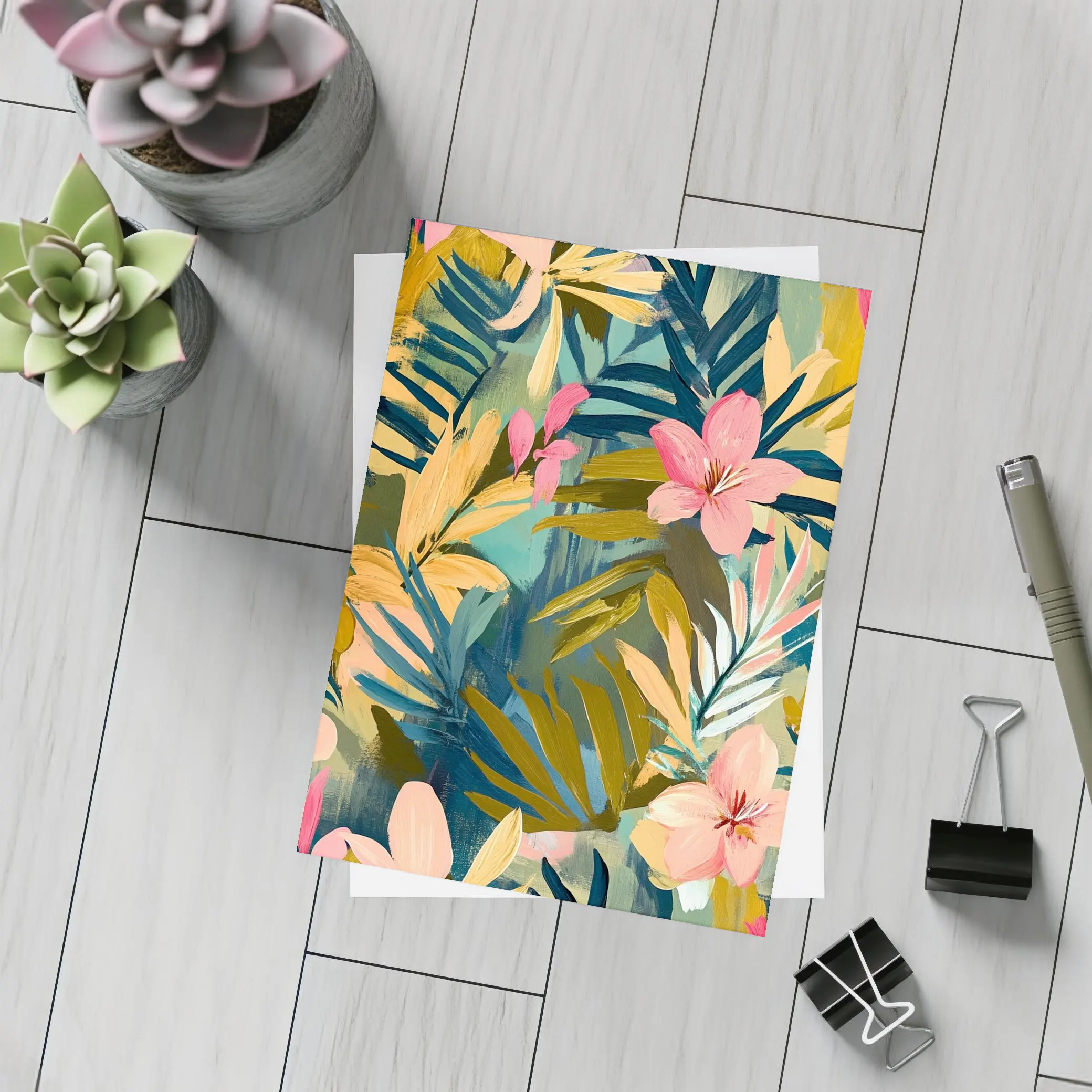 Tropical Flowers and Palm Leaves Painting – Postcards