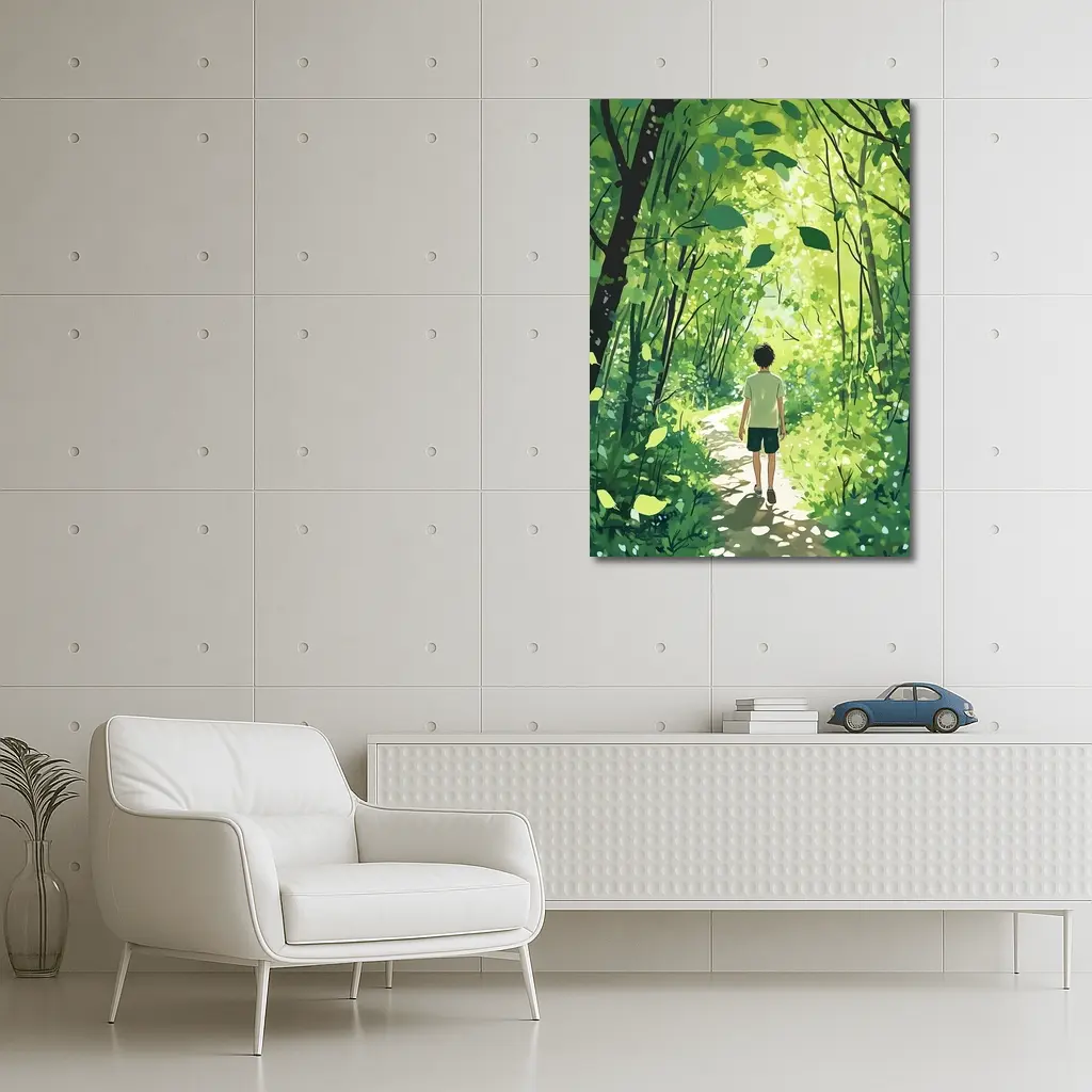 Anime Boy Walking Through Sunlit Forest Path – Wall Art