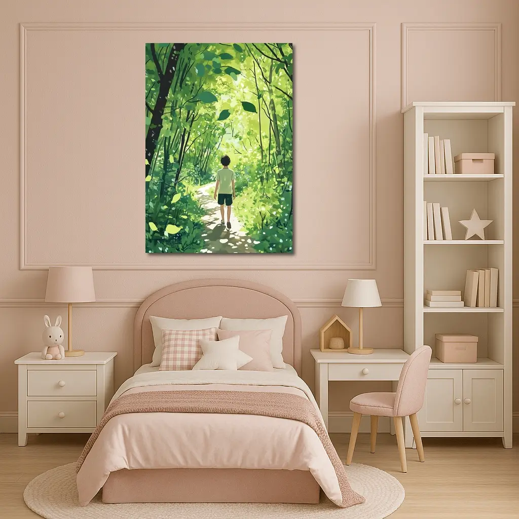 Anime Boy Walking Through Sunlit Forest Path – Wall Art