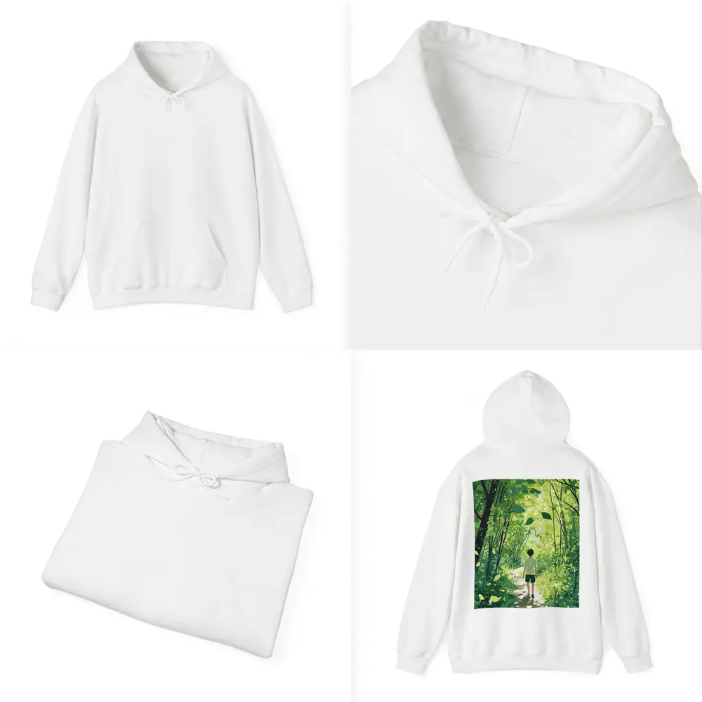 Anime Boy Walking Through Sunlit Forest Path – Hoodies