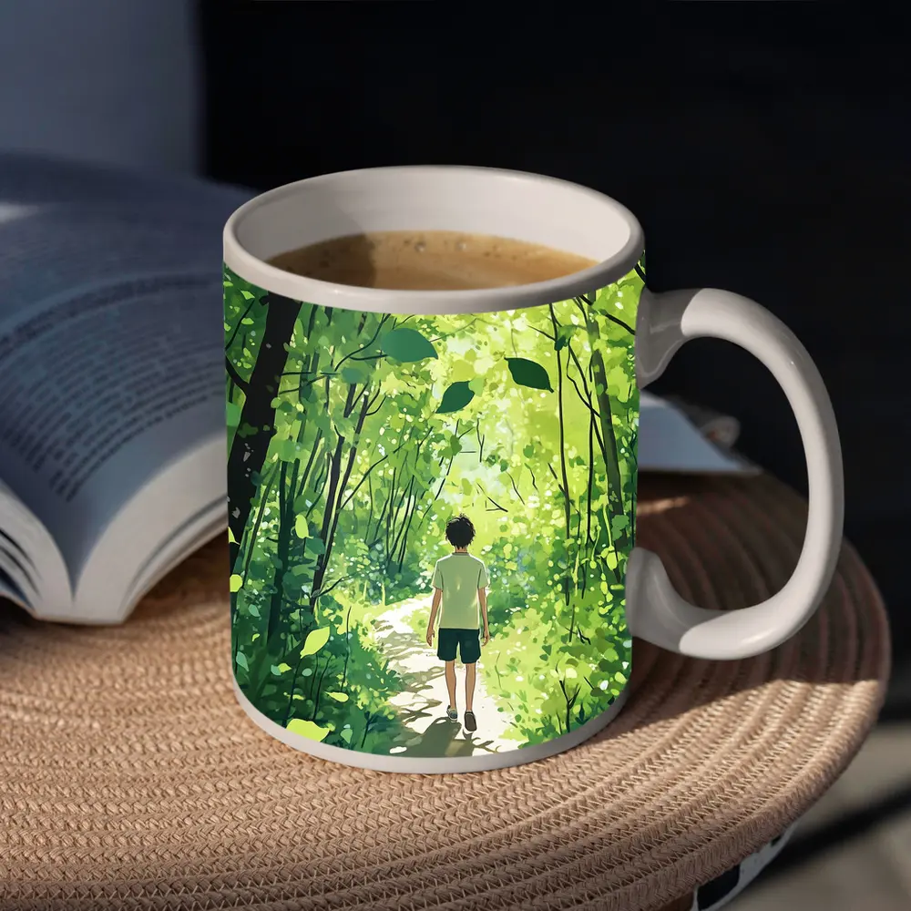 Anime Boy Walking Through Sunlit Forest Path – Mugs