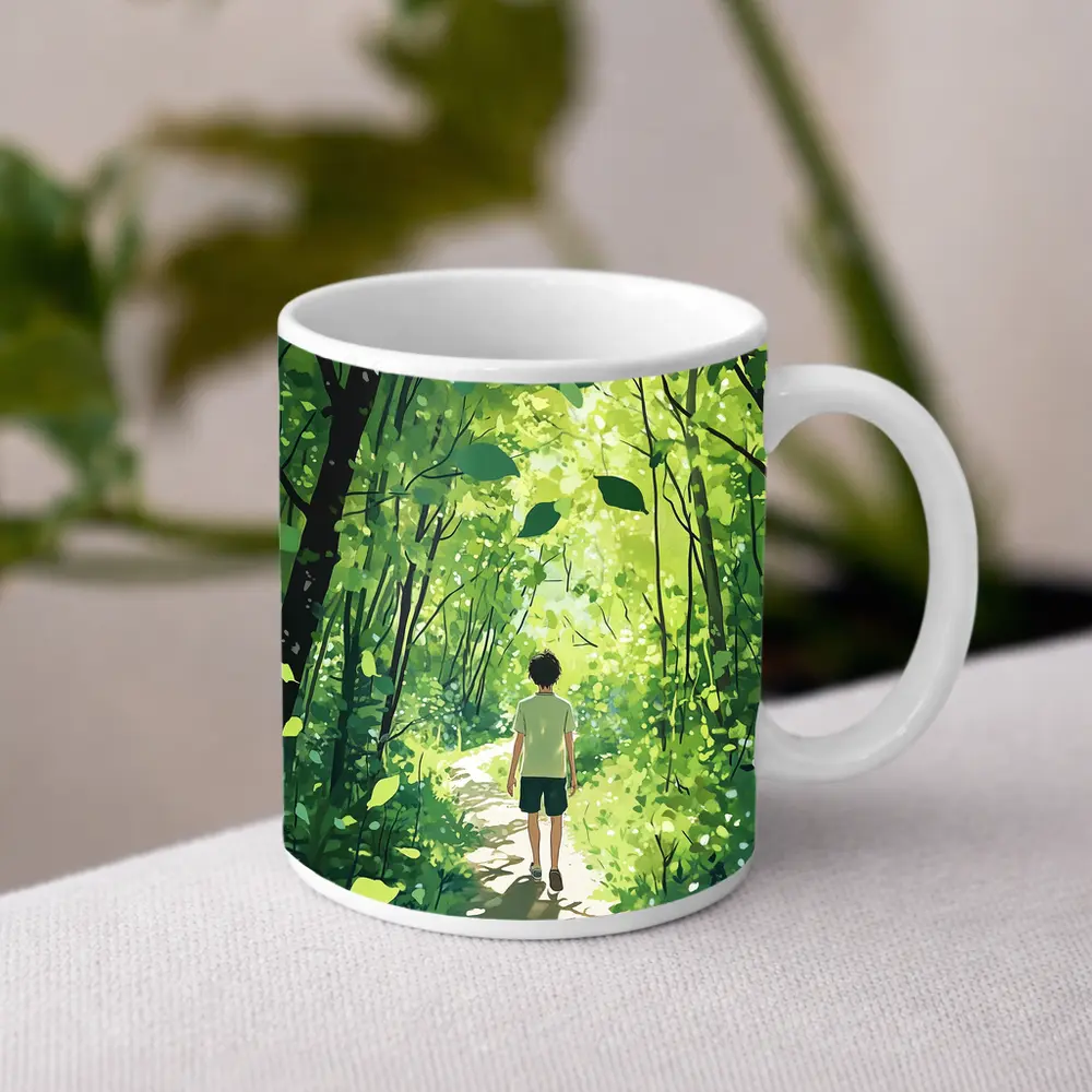 Anime Boy Walking Through Sunlit Forest Path – Mugs