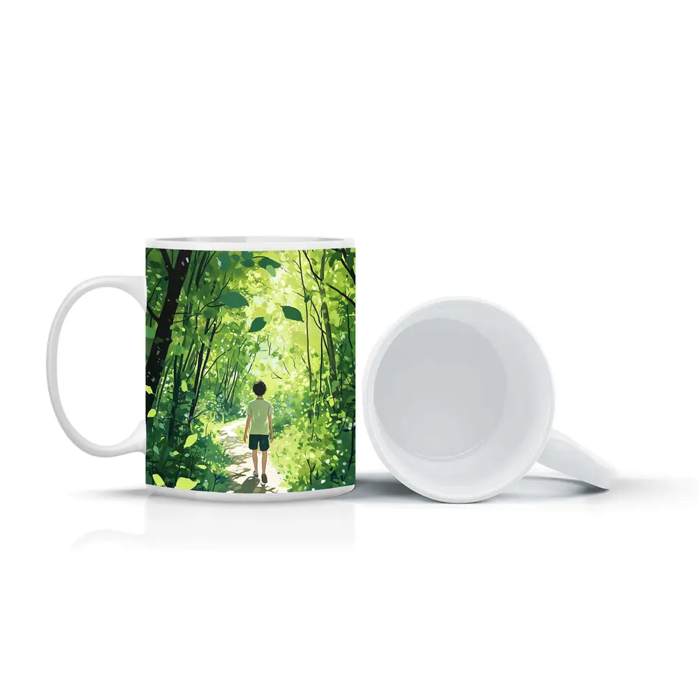 Anime Boy Walking Through Sunlit Forest Path – Mugs